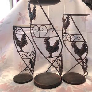 Three Stackable Rooster Motif Pillar Candle Holders 16.5x6”, 13.75x5”& 12x4.25”